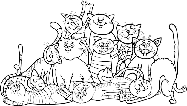 Happy cats group cartoon voor coloring boek