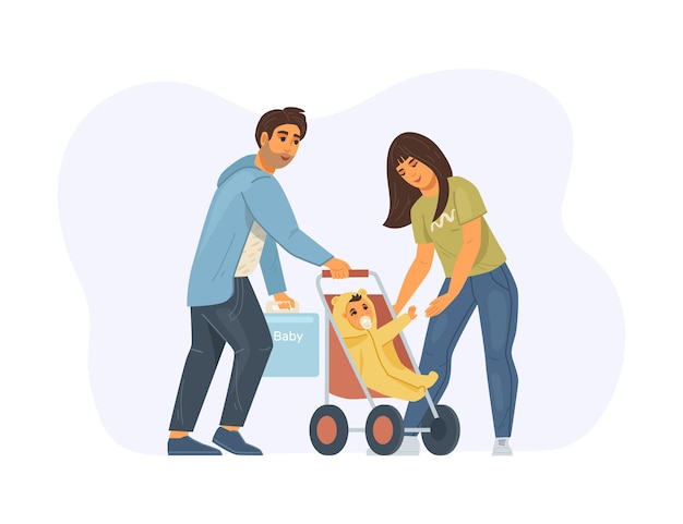 ベビーカーで赤ちゃん幼児と一緒に歩く幸せな白人カップル笑顔の親と子