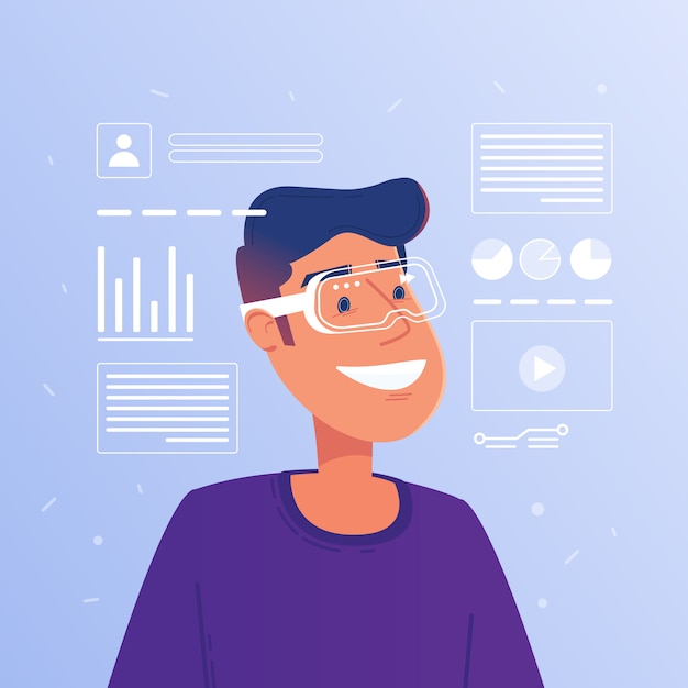 Happy caucasian white man in augmented reality glasses operating hud virtual interface.