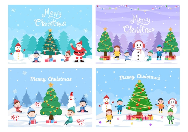 Happy celebrating christmas day with kids and snowman, the decoration tree and some gift. background vector