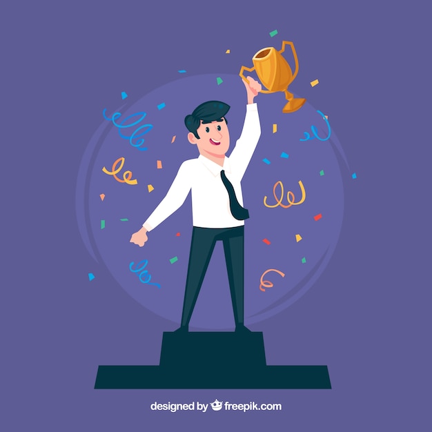 Happy character winning a prize with flat design