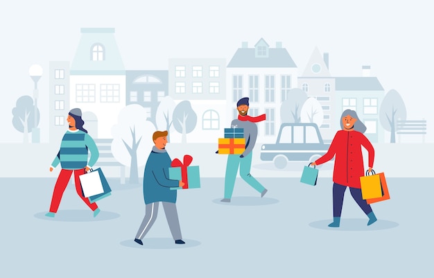 Счастливые персонажи за покупками на зимних праздниках. люди с рождественскими подарками на городской улице. женщина и мужчина с хозяйственными сумками на новый год.