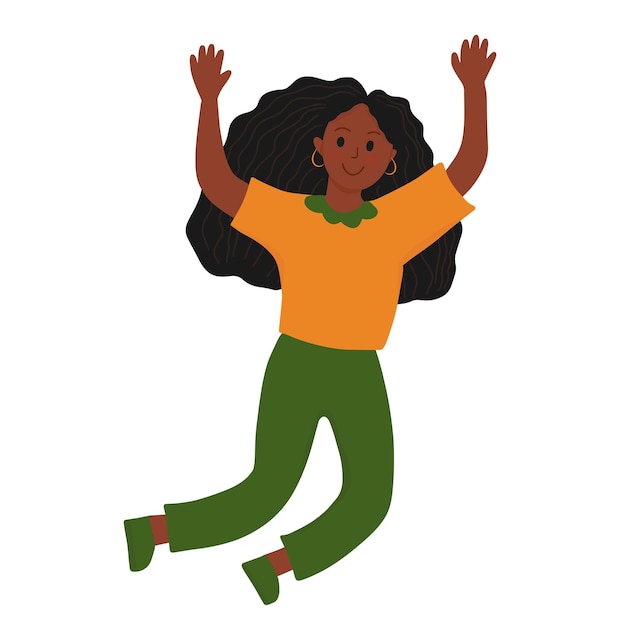 Vector happy cheerful african american young woman jumping raised hand celebrating character black girl