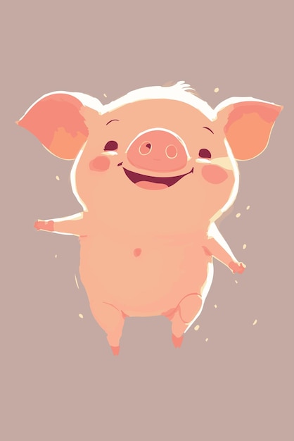 Happy cheerful cartoon pig Small adorable piglet Drawing illustration of farm animal Happy poster