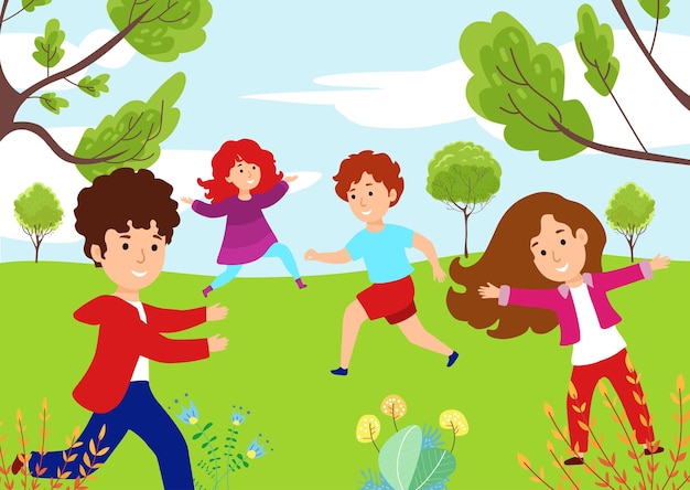 Vector happy cheerful children play in outdoor park garden group of people child character spend time