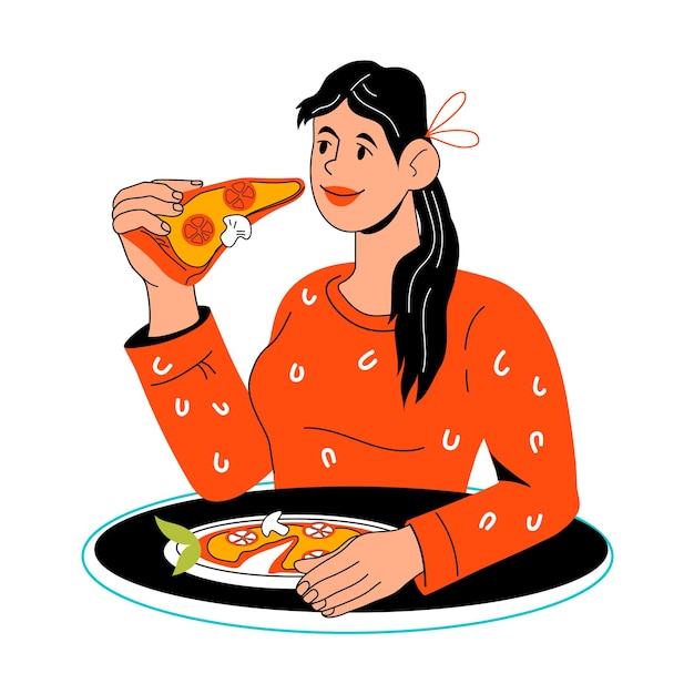 Felice donna allegra si siede al tavolo e mangia pizza, fumetto illustrazione vettoriale isolato su sfondo bianco. giovane ragazza in un ristorante italiano o un bar pizzeria.