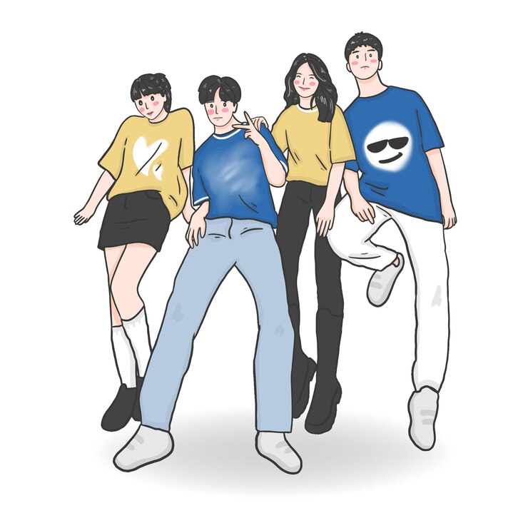 Vector 우정의 날 친구 그룹에서 젊은 여성과 남성의 행복하고 쾌활한