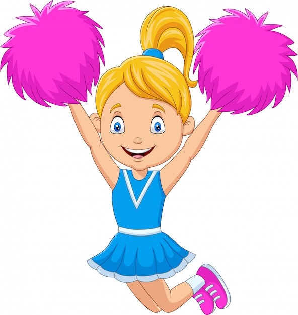 Vettore cheerleader felice in uniforme blu con pon pon