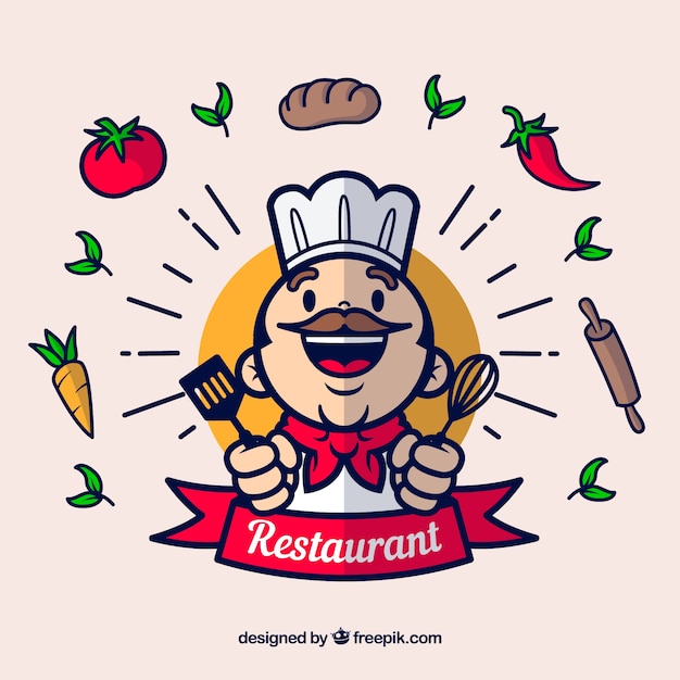 Happy chef and ingredients with flat design