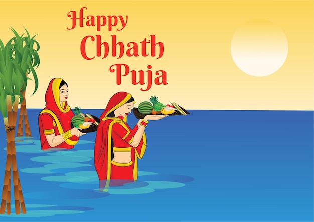 행복한 Chhath Puja 축제 아름다운 인도 여자들이 기도하고 물을 제공 arghya 과일 t