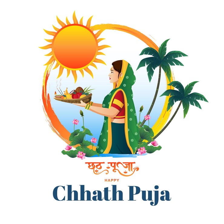 वेक्टर happy chhath puja illustration with indian women doing prayer of god sun and bathing in river