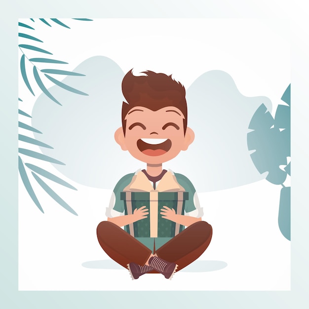 A happy child boy sits in a lotus position and holds a box with a bow in his hands Birthday new year or holidays theme Cartoon style Vector illustration