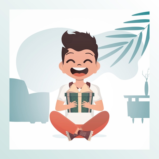 A happy child boy sits in a lotus position and holds a gift box with a bow in his hands Holidays theme Cartoon style Vector illustration