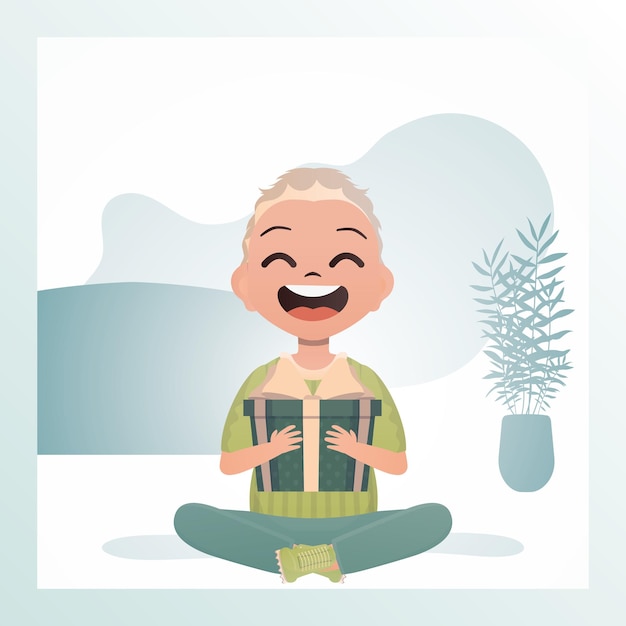 Happy child boy sits in a lotus position and holds a gift with a bow in his hands Holidays theme Vector illustration in cartoon style