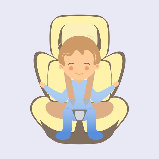 Vector happy child boy sitting in the car in a child car seat