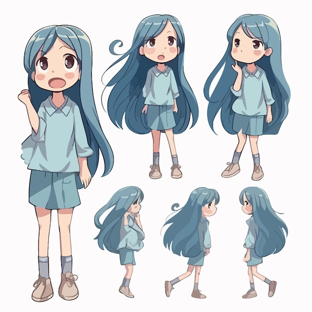 Vector happy child dressed in blue clothes multipose