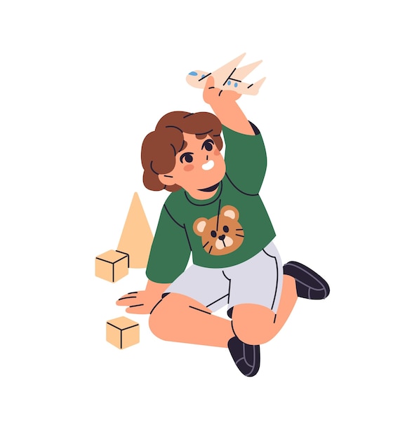 happy child has fun with airplane in nursery cute baby sits on the floor and plays with toys funny little kid holds small aircraft in hand flat isolated vector illustration on white background