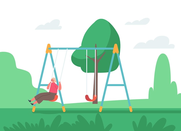 Happy child having fun on swing. baby character playing on\
backyard or city park playground, kindergarten or kids zone.\
childhood, happiness, outdoor recreation. cartoon people vector\
illustration