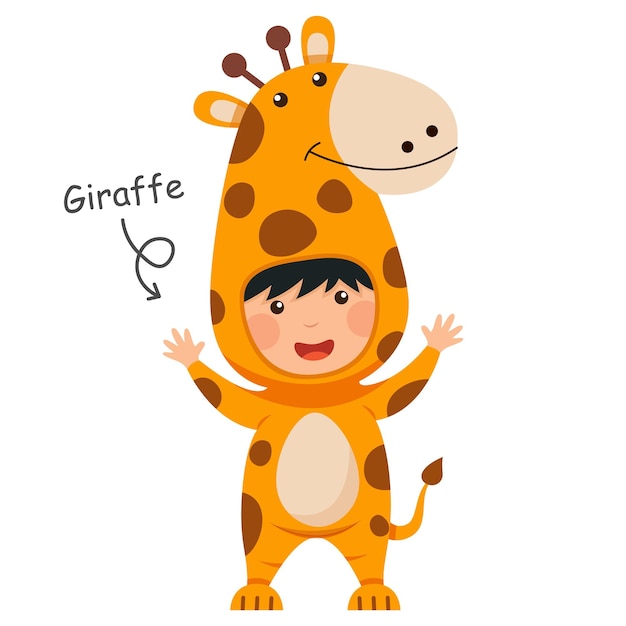 Il bambino felice indossa i costumi degli animali della giraffa vettore