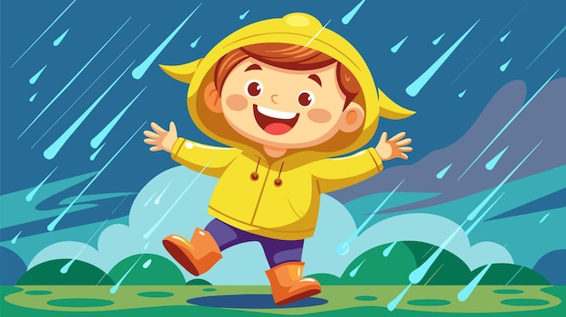 Vector happy child in rainy weather enjoying puddles vector illustration