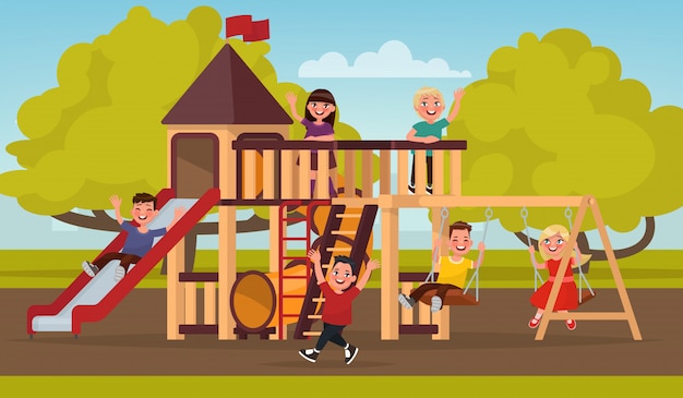 Happy childhood. children play on the playground.  illustration