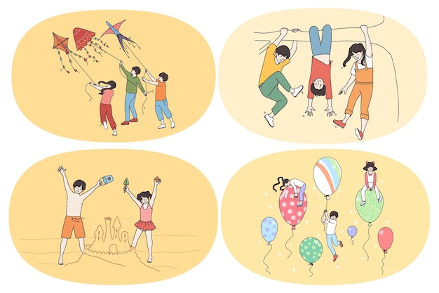 Vector happy childhood and leisure activities concept. set of happy kids children flying kites hanging on ropes building sandy castles playing with balloons having fun vector illustration