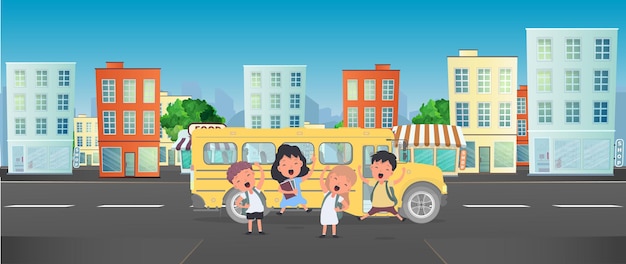 행복한 아이들과 학교 버스. 아이들은 학교에 갑니다. 학교로 가는 노란색 버스. 벡코르.
