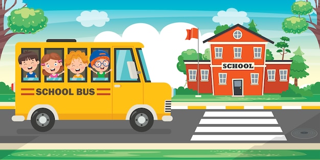 Счастливые дети и школьный автобус