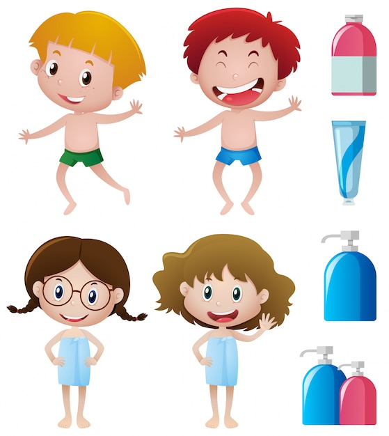 Bambini felici e accessori da bagno