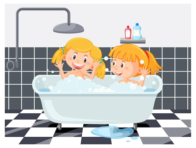 Vector happy children in bathtub