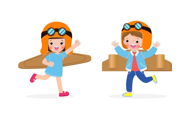 Happy children boy and girl playing toy plane cardboard