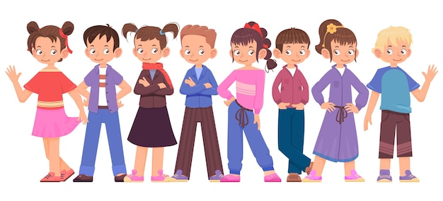 Happy children boys and girls in different poses cartoon style