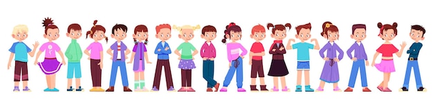 Vector happy children boys and girls in different poses cartoon style