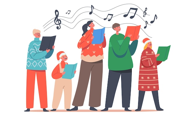 Счастливые дети, рождественские персонажи в шапках Санта-Клауса и вязанных свитерах, поют рождественские гимны и держат сборники песен. Компания друзей ребенка или счастливые гимны в ночь накануне. Мультфильм люди векторные иллюстрации