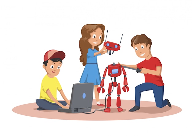Vettore bambini felici che creano e programmano un robot.