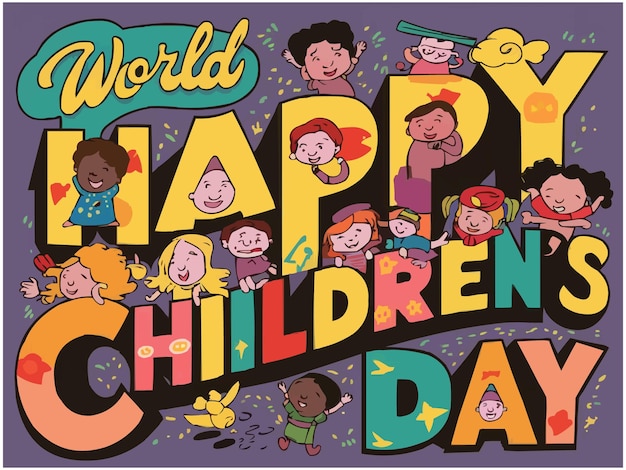 Vector happy children day colorful retro typography with customized vector illustration