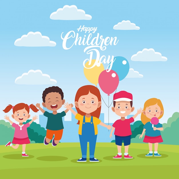 Счастливая детская дневная поздравительная открытка с детьми и воздушными шарами гелием в области