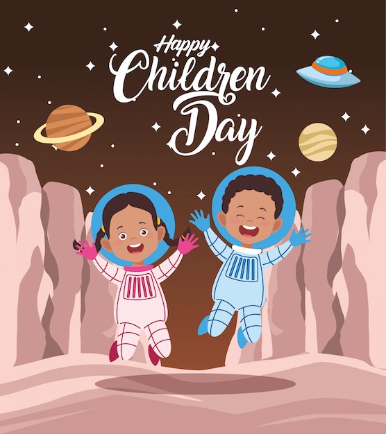 Happy children day greeting card with kids couple in the space