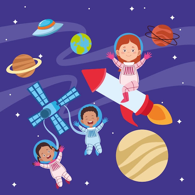 Happy children day greeting card with kids in the space