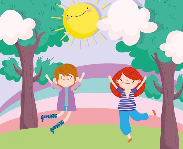 happy children day, little boy and girl jumping in the park vector illustration