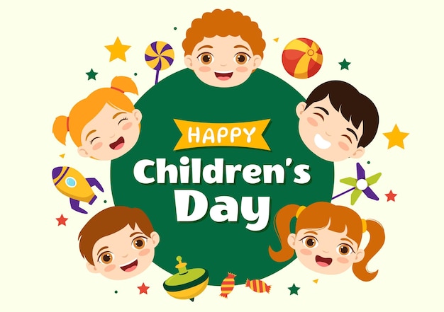 Happy Children Day Vector Illustration with Boy and Girl Kids in Toys on Background Flat Cartoon