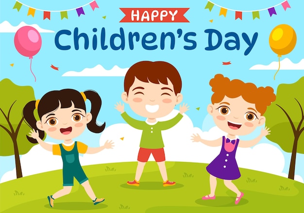 Happy Children Day Vector Illustration with Boy and Girl Kids in Toys on Background Flat Cartoon