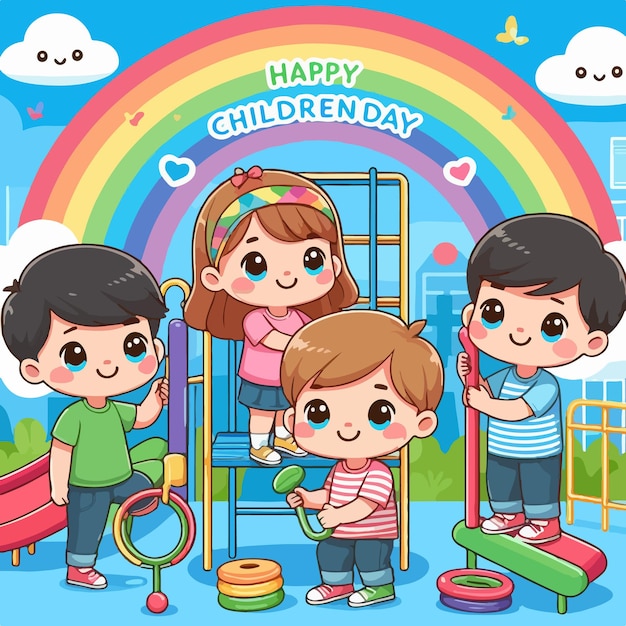 Happy children day vector with happy kids flat playful moment clipart concept