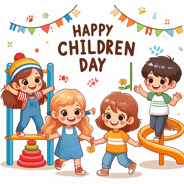 Happy children day vector with happy kids flat playful moment clipart concept