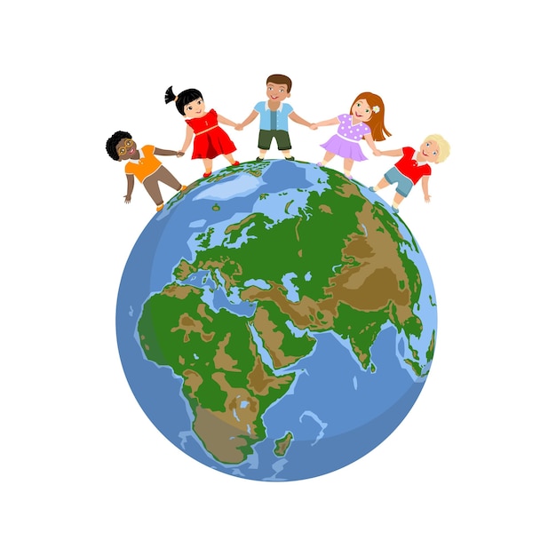 Vector happy children of different races and colors holding hand and standing on the globe the planet color