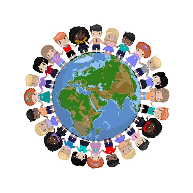 happy children of different races and colors holding hands and standing on the globe the planet