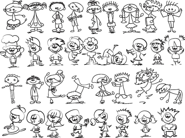 Happy children doodle set Funny small kids play run and jump Set of elements in childish doodle style Hand drawn illustration