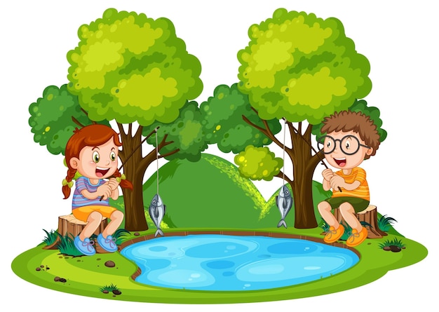 Happy children fishing in pond