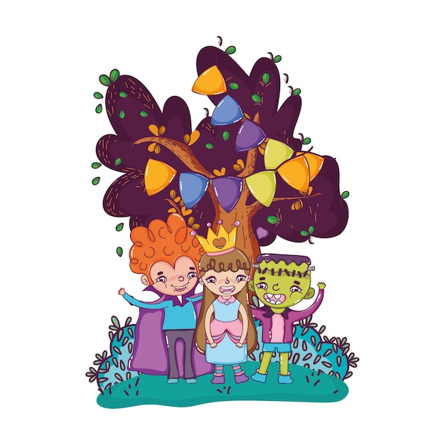 Vector happy children friends with halloween costumes