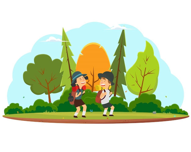 Happy children go on a hike through the forest.